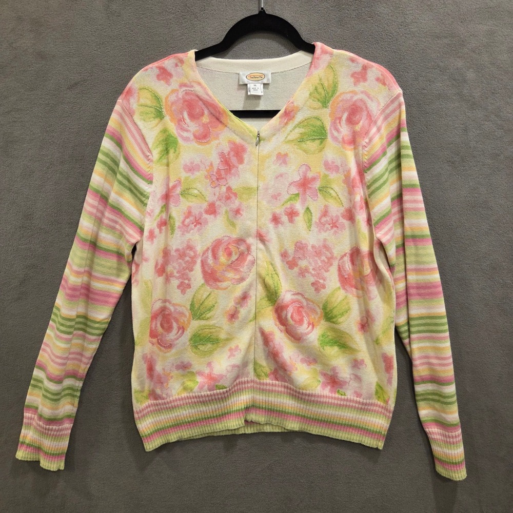 Talbots Zip Up Floral Cardigan Sweater Women XL Cottage Coastal Pastel Chic‎